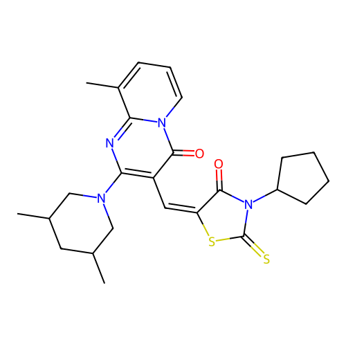 (5E)-3-cyclopentyl-5-[[2-(3,5-dimethylpiperidin-1-yl)-9-methyl-4-oxopyrido[1,2-a]pyrimidin-3-yl]methylidene]-2-sulfanylidene-1,3-thiazolidin-4-one structure