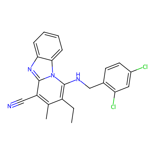 1-[(2,4-dichlorobenzyl)amino]-2-ethyl-3-methylpyrido[1,2-a]benzimidazole-4-carbonitrile structure