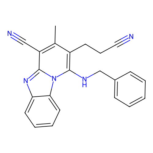 1-(benzylamino)-2-(2-cyanoethyl)-3-methylpyrido[1,2-a]benzimidazole-4-carbonitrile structure