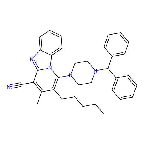 1-(4-benzhydrylpiperazin-1-yl)-3-methyl-2-pentylpyrido[1,2-a]benzimidazole-4-carbonitrile structure
