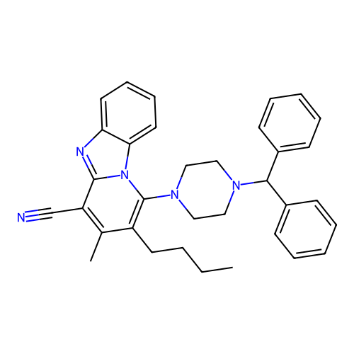 2-butyl-1-[4-(diphenylmethyl)piperazin-1-yl]-3-methylpyrido[1,2-a]benzimidazole-4-carbonitrile structure
