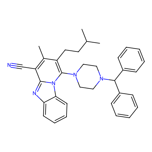 1-[4-(diphenylmethyl)piperazin-1-yl]-3-methyl-2-(3-methylbutyl)pyrido[1,2-a]benzimidazole-4-carbonitrile structure
