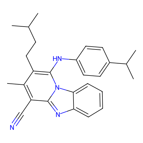 3-methyl-2-(3-methylbutyl)-1-{[4-(propan-2-yl)phenyl]amino}pyrido[1,2-a]benzimidazole-4-carbonitrile structure