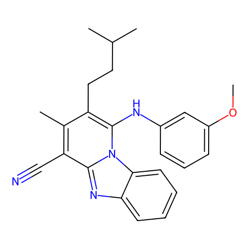 1-(3-methoxyanilino)-3-methyl-2-(3-methylbutyl)pyrido[1,2-a]benzimidazole-4-carbonitrile structure