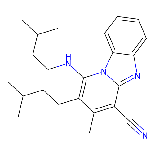 2-isopentyl-1-(isopentylamino)-3-methylbenzo[4,5]imidazo[1,2-a]pyridine-4-carbonitrile structure