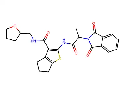 2-[2-(1,3-dioxoisoindol-2-yl)propanoylamino]-N-(oxolan-2-ylmethyl)-5,6-dihydro-4H-cyclopenta[b]thiophene-3-carboxamide structure