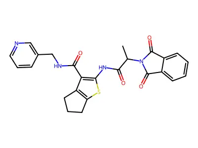 2-{[2-(1,3-dioxo-1,3-dihydro-2H-isoindol-2-yl)propanoyl]amino}-N-(pyridin-3-ylmethyl)-5,6-dihydro-4H-cyclopenta[b]thiophene-3-carboxamide structure