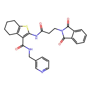 2-{[3-(1,3-dioxo-1,3-dihydro-2H-isoindol-2-yl)propanoyl]amino}-N-(pyridin-3-ylmethyl)-4,5,6,7-tetrahydro-1-benzothiophene-3-carboxamide structure