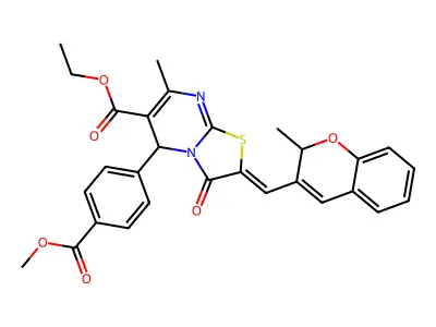ethyl (2Z)-5-[4-(methoxycarbonyl)phenyl]-7-methyl-2-[(2-methyl-2H-chromen-3-yl)methylidene]-3-oxo-2H,3H,5H-[1,3]thiazolo[3,2-a]pyrimidine-6-carboxylate structure
