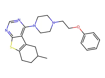 6-methyl-4-[4-(2-phenoxyethyl)piperazin-1-yl]-5,6,7,8-tetrahydro[1]benzothieno[2,3-d]pyrimidine structure