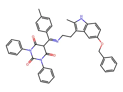 5-[C-(4-methylphenyl)-N-[2-(2-methyl-5-phenylmethoxy-1H-indol-3-yl)ethyl]carbonimidoyl]-1,3-diphenyl-1,3-diazinane-2,4,6-trione structure