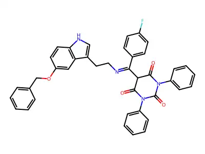5-[C-(4-fluorophenyl)-N-[2-(5-phenylmethoxy-1H-indol-3-yl)ethyl]carbonimidoyl]-1,3-diphenyl-1,3-diazinane-2,4,6-trione structure