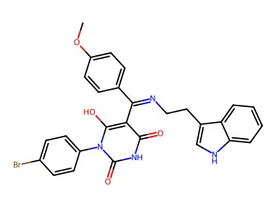 1-(4-bromophenyl)-5-[[2-(1H-indol-3-yl)ethylamino]-(4-methoxyphenyl)methylidene]-1,3-diazinane-2,4,6-trione structure