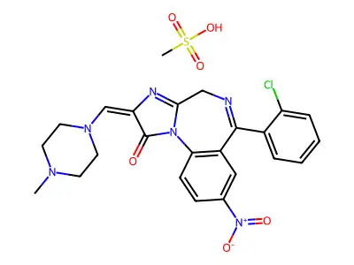 1H-Imidazo(1,2-a)(1,4)benzodiazepin-1-one, 6-(2-chlorophenyl)-2,4-dihydro-2-((4-methyl-1-piperazinyl)methylene)-8-nitro-, methanesulphonate structure