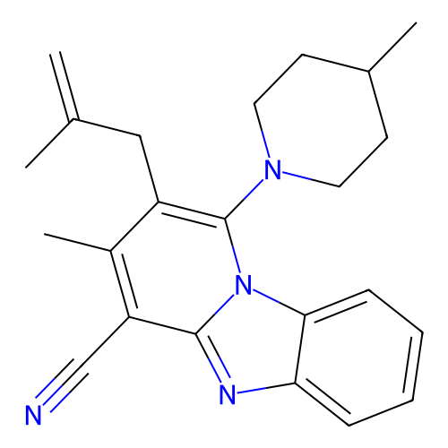2-methyl-4-(4-methylpiperidyl)-3-(2-methylprop-2-enyl)-5-hydropyridino[1,2-a]b enzimidazolecarbonitrile structure