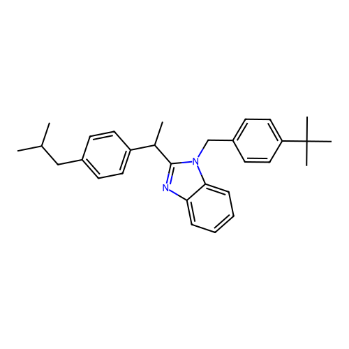 1-(4-tert-butylbenzyl)-2-{1-[4-(2-methylpropyl)phenyl]ethyl}-1H-benzimidazole structure