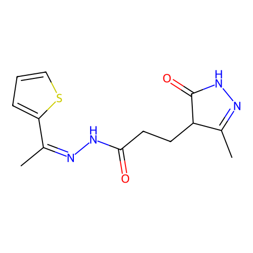 (Z)-3-(3-methyl-5-oxo-4,5-dihydro-1H-pyrazol-4-yl)-N'-(1-(thiophen-2-yl)ethylidene)propanehydrazide structure