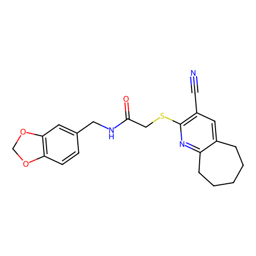 N-(1,3-benzodioxol-5-ylmethyl)-2-[(3-cyano-6,7,8,9-tetrahydro-5H-cyclohepta[b]pyridin-2-yl)sulfanyl]acetamide structure