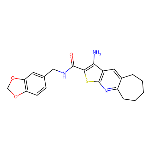 3-amino-N-(1,3-benzodioxol-5-ylmethyl)-6,7,8,9-tetrahydro-5H-cyclohepta[b]thieno[3,2-e]pyridine-2-carboxamide structure
