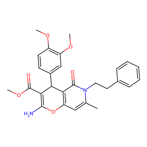 methyl 2-amino-4-(3,4-dimethoxyphenyl)-7-methyl-5-oxo-6-phenethyl-5,6-dihydro-4H-pyrano[3,2-c]pyridine-3-carboxylate structure