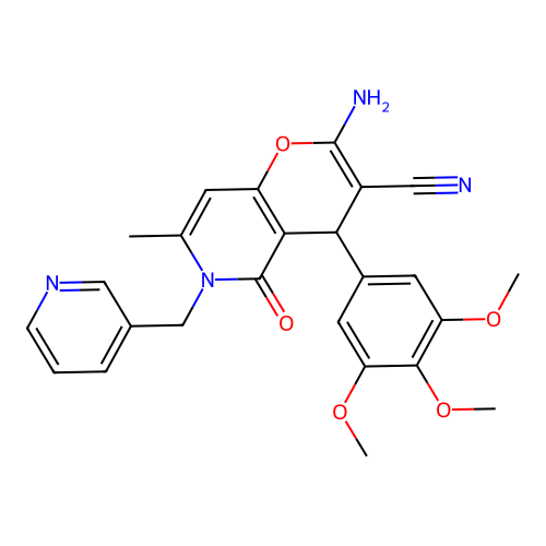 2-amino-7-methyl-5-oxo-6-(pyridin-3-ylmethyl)-4-(3,4,5-trimethoxyphenyl)-5,6-dihydro-4H-pyrano[3,2-c]pyridine-3-carbonitrile structure