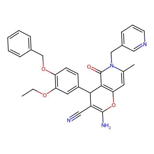 2-amino-4-(4-(benzyloxy)-3-ethoxyphenyl)-7-methyl-5-oxo-6-(pyridin-3-ylmethyl)-5,6-dihydro-4H-pyrano[3,2-c]pyridine-3-carbonitrile structure
