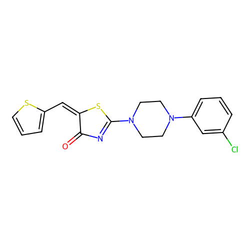 (5E)-2-[4-(3-chlorophenyl)piperazin-1-yl]-5-(thiophen-2-ylmethylidene)-1,3-thiazol-4(5H)-one structure