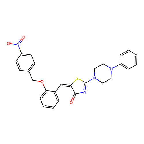 (E)-5-(2-((4-nitrobenzyl)oxy)benzylidene)-2-(4-phenylpiperazin-1-yl)thiazol-4(5H)-one structure