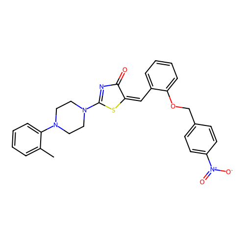 (E)-5-(2-((4-nitrobenzyl)oxy)benzylidene)-2-(4-(o-tolyl)piperazin-1-yl)thiazol-4(5H)-one structure