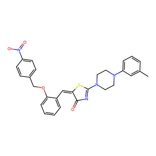 (E)-5-(2-((4-nitrobenzyl)oxy)benzylidene)-2-(4-(m-tolyl)piperazin-1-yl)thiazol-4(5H)-one structure