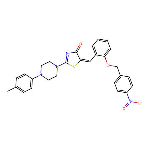 (E)-5-(2-((4-nitrobenzyl)oxy)benzylidene)-2-(4-(p-tolyl)piperazin-1-yl)thiazol-4(5H)-one structure