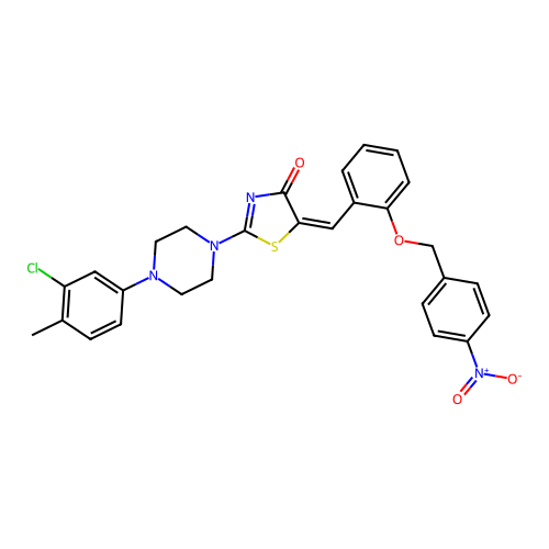 (5E)-2-[4-(3-chloro-4-methylphenyl)piperazin-1-yl]-5-[[2-[(4-nitrophenyl)methoxy]phenyl]methylidene]-1,3-thiazol-4-one structure