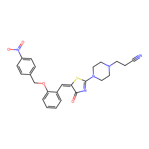 (E)-3-(4-(5-(2-((4-nitrobenzyl)oxy)benzylidene)-4-oxo-4,5-dihydrothiazol-2-yl)piperazin-1-yl)propanenitrile structure