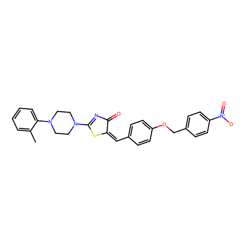 (E)-5-(4-((4-nitrobenzyl)oxy)benzylidene)-2-(4-(o-tolyl)piperazin-1-yl)thiazol-4(5H)-one structure