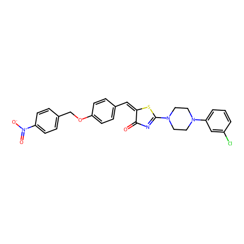 (5E)-2-[4-(3-chlorophenyl)piperazin-1-yl]-5-[[4-[(4-nitrophenyl)methoxy]phenyl]methylidene]-1,3-thiazol-4-one structure