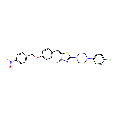 (5E)-2-[4-(4-chlorophenyl)piperazin-1-yl]-5-[[4-[(4-nitrophenyl)methoxy]phenyl]methylidene]-1,3-thiazol-4-one structure