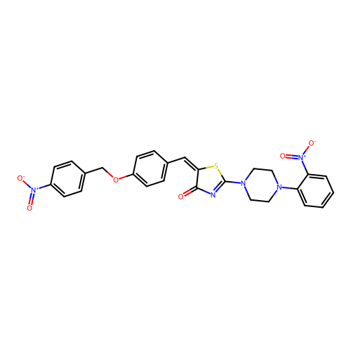 (5E)-5-[[4-[(4-nitrophenyl)methoxy]phenyl]methylidene]-2-[4-(2-nitrophenyl)piperazin-1-yl]-1,3-thiazol-4-one structure