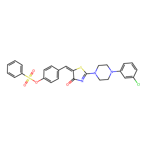 (E)-4-((2-(4-(3-chlorophenyl)piperazin-1-yl)-4-oxothiazol-5(4H)-ylidene)methyl)phenyl benzenesulfonate structure