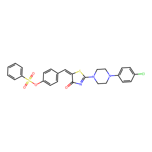 (E)-4-((2-(4-(4-chlorophenyl)piperazin-1-yl)-4-oxothiazol-5(4H)-ylidene)methyl)phenyl benzenesulfonate structure