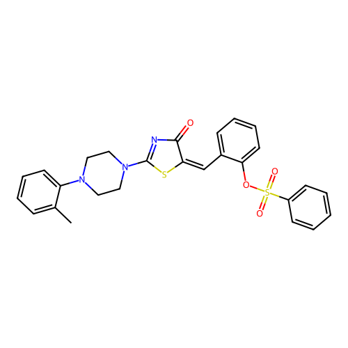 (E)-2-((4-oxo-2-(4-(o-tolyl)piperazin-1-yl)thiazol-5(4H)-ylidene)methyl)phenyl benzenesulfonate structure