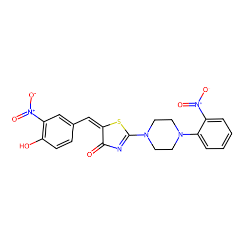 (5E)-5-[(4-hydroxy-3-nitrophenyl)methylidene]-2-[4-(2-nitrophenyl)piperazin-1-yl]-1,3-thiazol-4-one structure