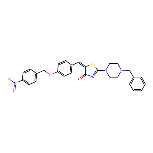 (E)-2-(4-benzylpiperazin-1-yl)-5-(4-((4-nitrobenzyl)oxy)benzylidene)thiazol-4(5H)-one structure