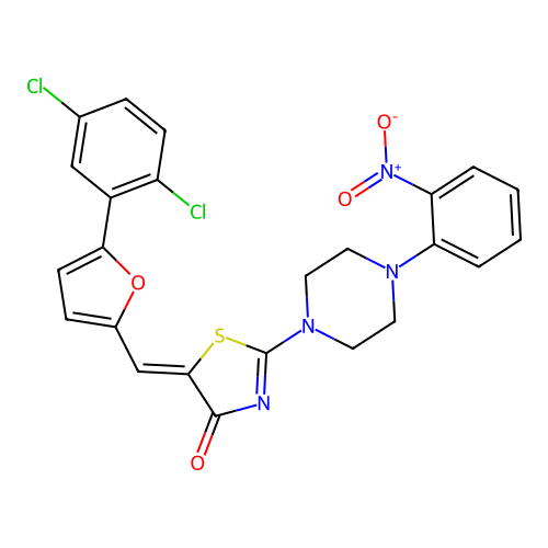 (5Z)-5-[[5-(2,5-dichlorophenyl)furan-2-yl]methylidene]-2-[4-(2-nitrophenyl)piperazin-1-yl]-1,3-thiazol-4-one structure