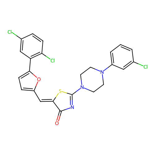 (5Z)-2-[4-(3-chlorophenyl)piperazin-1-yl]-5-[[5-(2,5-dichlorophenyl)furan-2-yl]methylidene]-1,3-thiazol-4-one structure