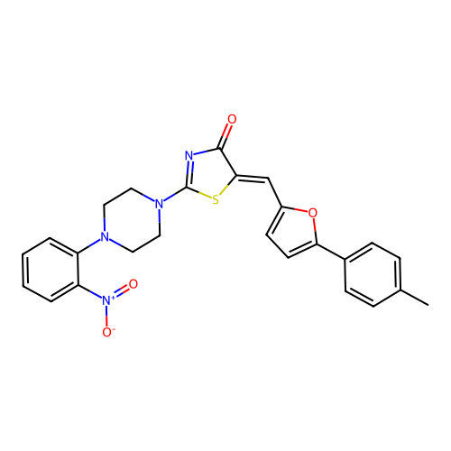 (Z)-2-(4-(2-nitrophenyl)piperazin-1-yl)-5-((5-(p-tolyl)furan-2-yl)methylene)thiazol-4(5H)-one structure