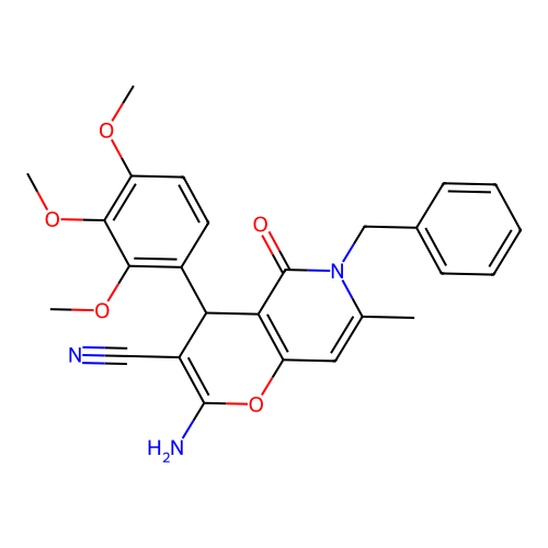 2-amino-6-benzyl-7-methyl-5-oxo-4-(2,3,4-trimethoxyphenyl)-5,6-dihydro-4H-pyrano[3,2-c]pyridine-3-carbonitrile structure