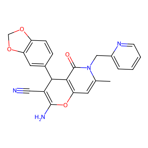 2-amino-4-(1,3-benzodioxol-5-yl)-7-methyl-5-oxo-6-(pyridin-2-ylmethyl)-5,6-dihydro-4H-pyrano[3,2-c]pyridine-3-carbonitrile structure