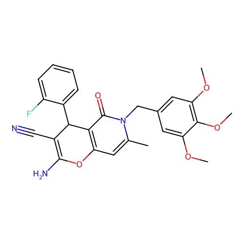2-amino-4-(2-fluorophenyl)-7-methyl-5-oxo-6-(3,4,5-trimethoxybenzyl)-5,6-dihydro-4H-pyrano[3,2-c]pyridine-3-carbonitrile structure