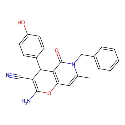 2-amino-6-benzyl-4-(4-hydroxyphenyl)-7-methyl-5-oxo-5,6-dihydro-4H-pyrano[3,2-c]pyridine-3-carbonitrile structure