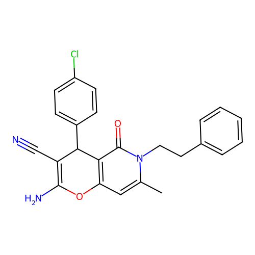 2-amino-4-(4-chlorophenyl)-7-methyl-5-oxo-6-(2-phenylethyl)-5,6-dihydro-4H-pyrano[3,2-c]pyridine-3-carbonitrile structure